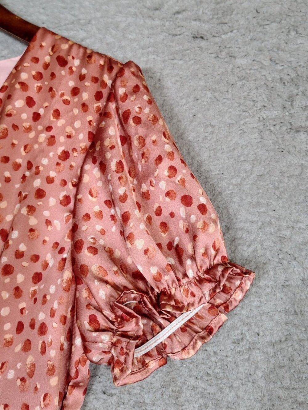 Francesca’s Blue Rain Mini Dress Women M Pink Dotted Print Satin Puff Sleeve NWT - Picture 7 of 11